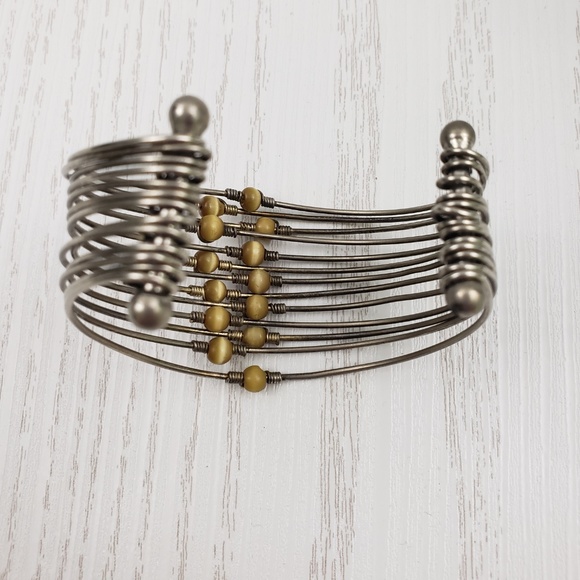 Silver Tone Cuff Bracelet Multi Wire Glass Beads - Picture 4 of 5